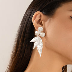 Gold-Plated Floral Leaf Earrings with Pearl Accent
