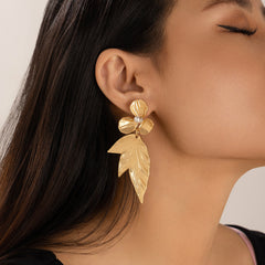 Gold-Plated Floral Leaf Earrings with Pearl Accent