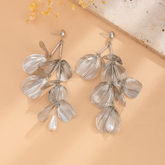 Silver Ginkgo Leaf Drop Earrings with Pearl Accent