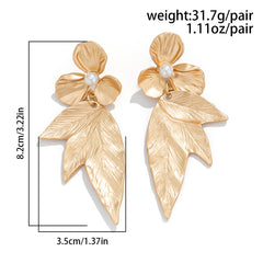 Gold-Plated Floral Leaf Earrings with Pearl Accent