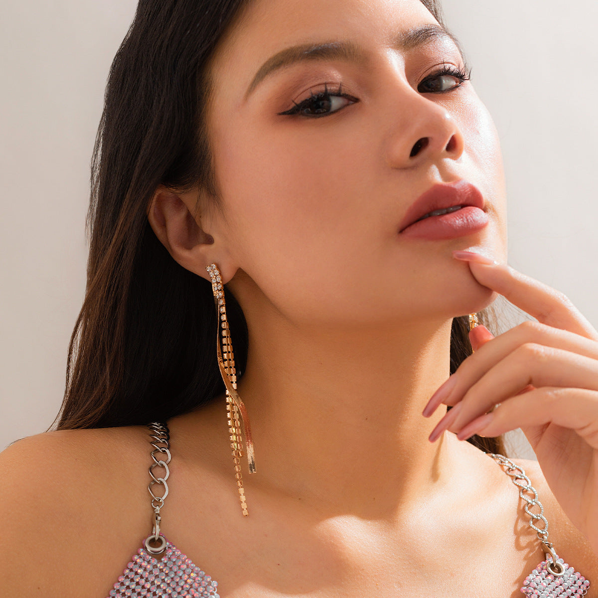 Long Crystal Chain Drop Earrings