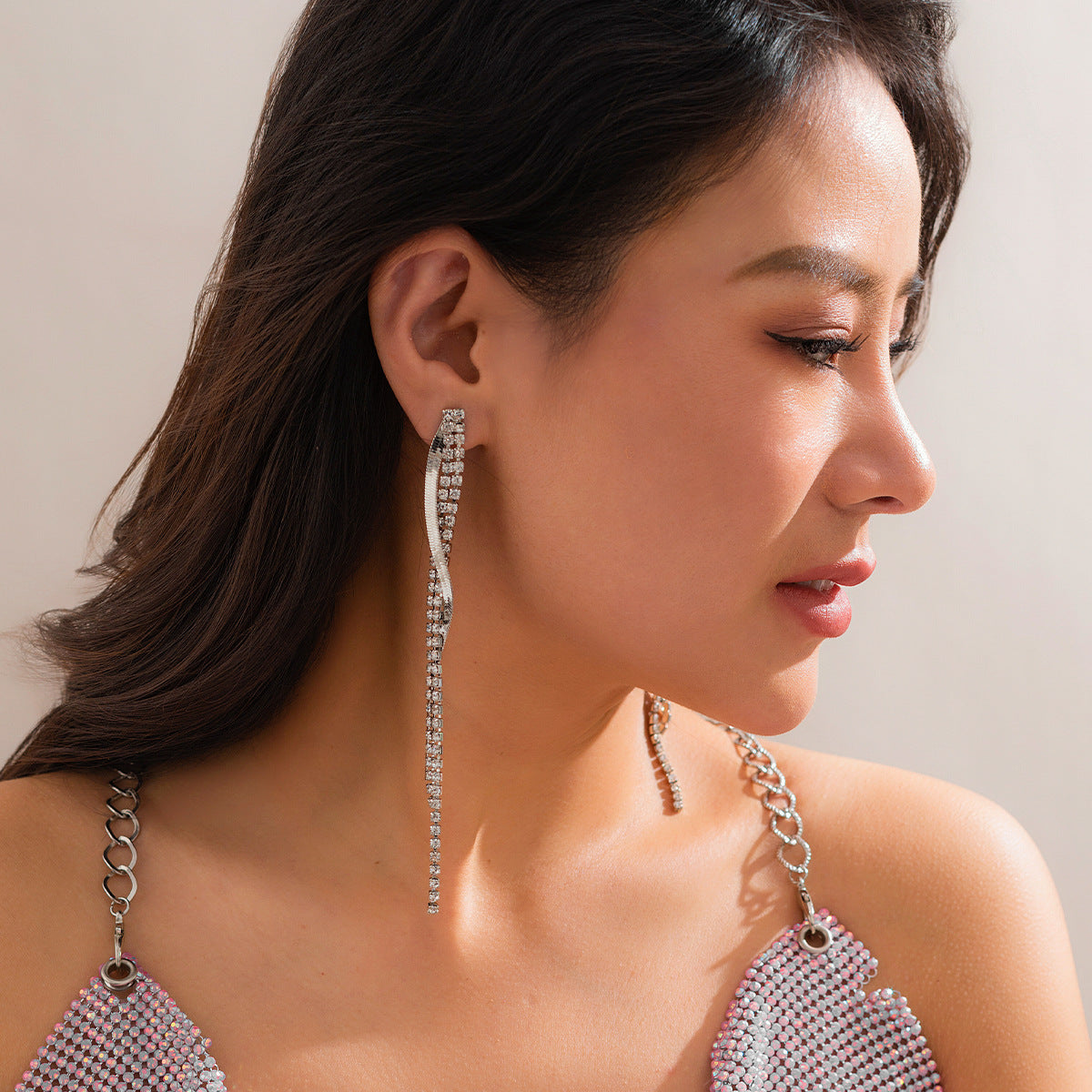 Long Crystal Chain Drop Earrings