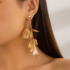 Silver Ginkgo Leaf Drop Earrings with Pearl Accent