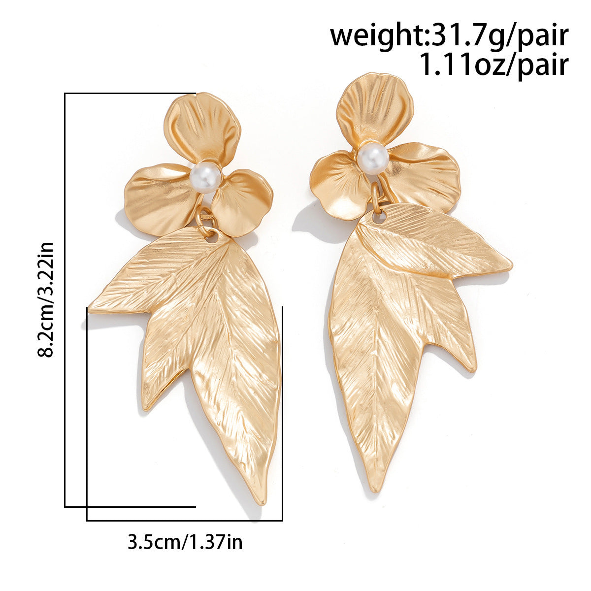 Gold-Plated Floral Leaf Earrings with Pearl Accent